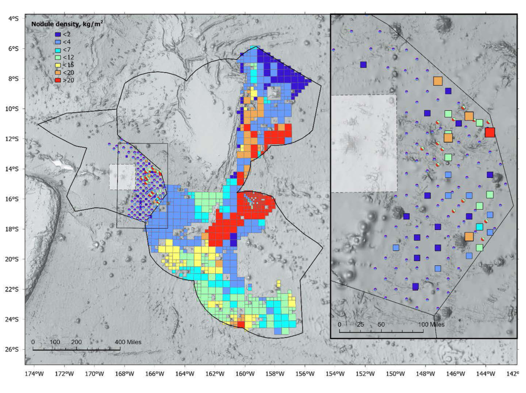 Map of nodule abundances measured in box cores in the Samoa Basin collected in this expedition displayed next to modeled abundances from the Cook Islands Seabed Mineral Authority. The US Exclusive Economic Zone around American Samoa (western polygon) and the Cook Islands Exclusive Economic Zones (eastern polygon) abut, and are both outlined in black.