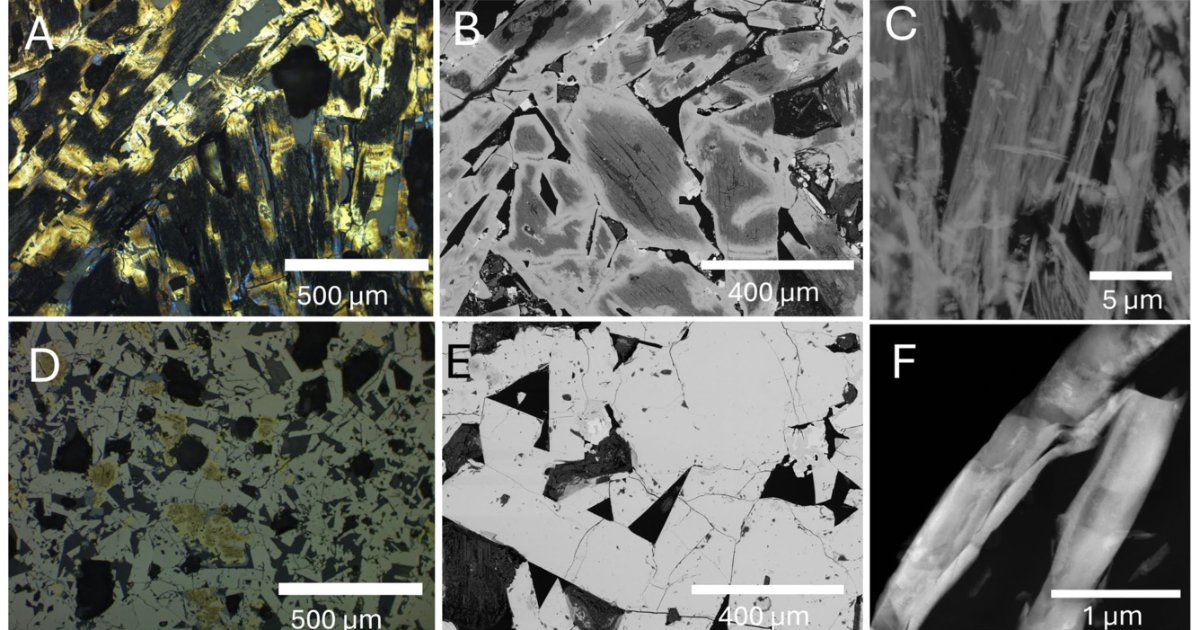 Petrographic (A, D) SEM (B, E) and STEM (C, F) images of bladed marcasite (A, B,C) and bladed pyrrhotite (D,E,F). The petrographic images are reflected light under plane polarization. The brassy minerals in D are isocubanite being replaced by chalcopyrite. (Image credit: USGS)